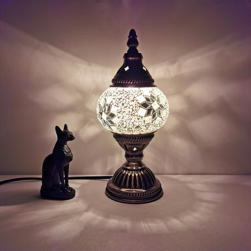 Moroccan Turkish Small Table Lamp White Mosaic Glass Desk Light + Free Bulb