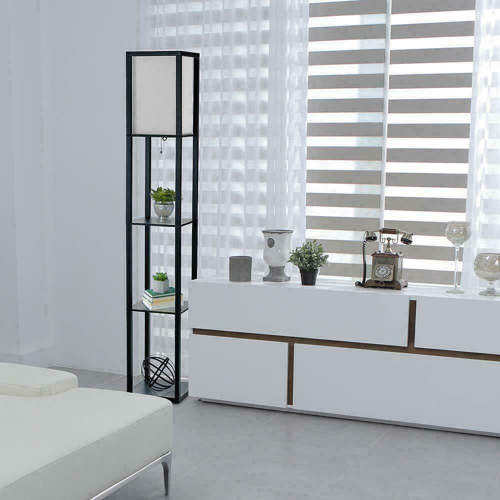 Floor Lamp Free Standing Wood 3-Tier Storage